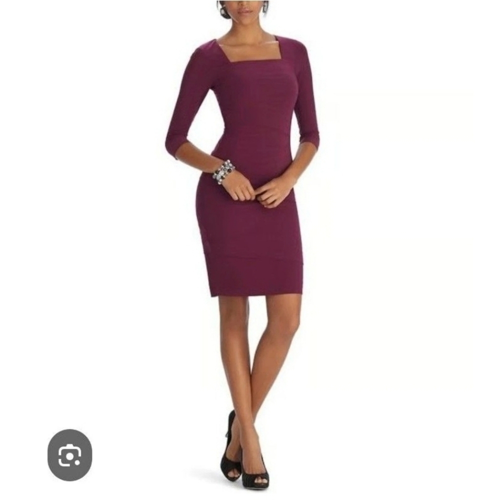 WHBM Instantly Slimming Dress Womens 3/4 Sleeve Purple Stretch Layred Sz 0
